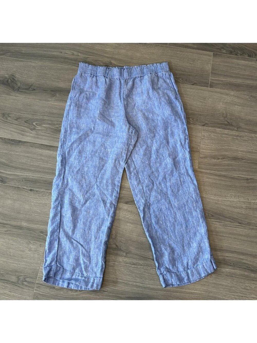 Talbots Pants Womens LP Blue Linen Chambray Wide Leg Cuffed Pull On Casual
